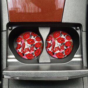 Women's Red Valentine Western Cow Print Design Hand Pressed Car Coaster